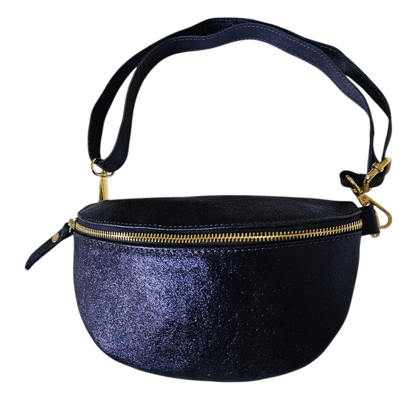 Tourance Navy Blue Metallic Leather Fanny Belt Bag - Picture 1 of 11